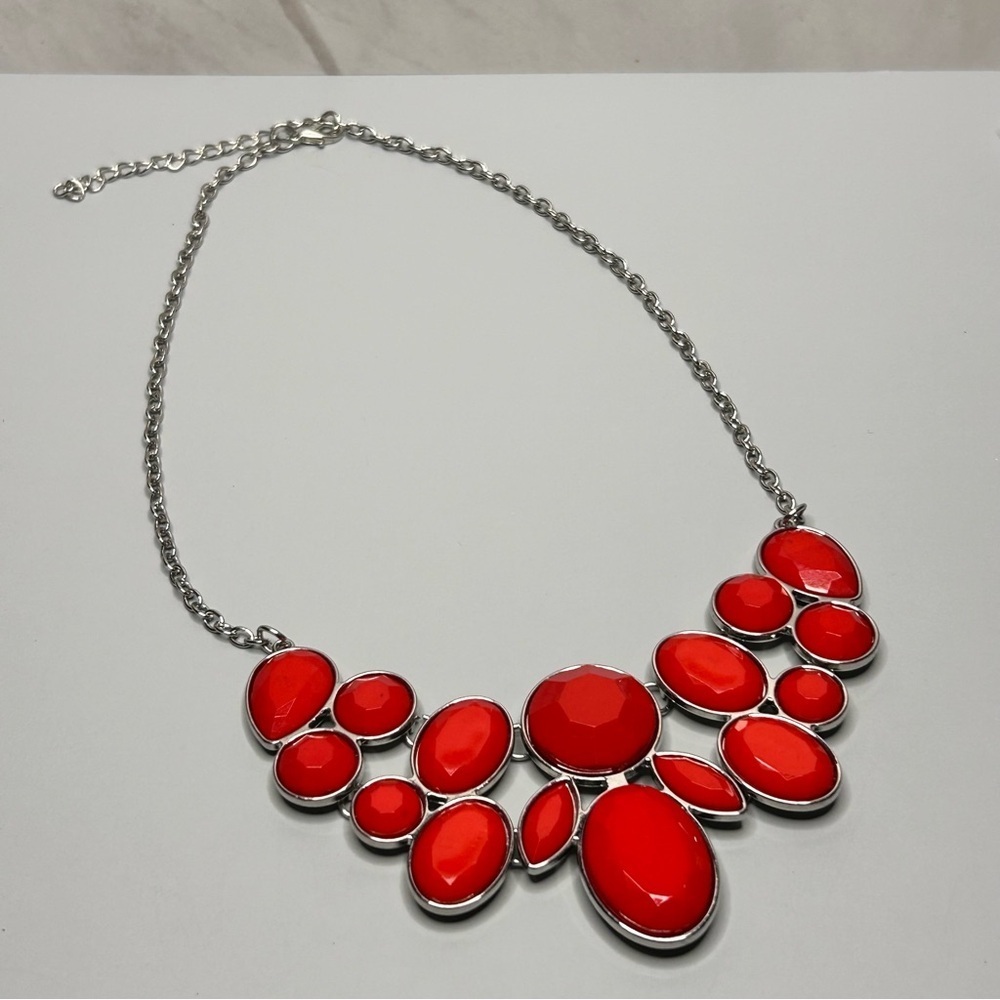 Bright Red Bold Silver Tone Statement Necklace